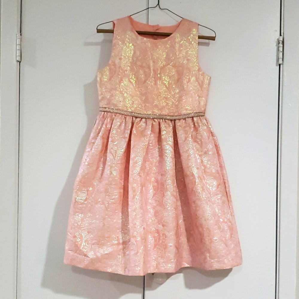 Iris & Ivy Bow Back Brocade Girl's Dress in Peach